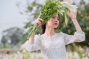 唯美小清新手持百合花美女写真图片